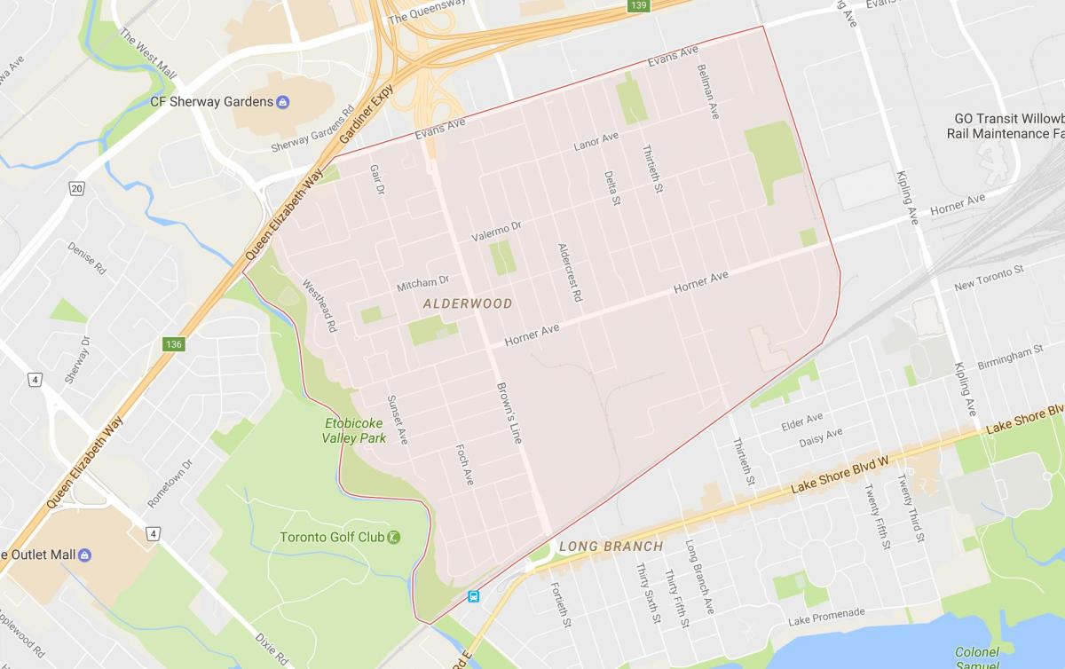 Karte von Alderwood Parkview Nachbarschaft Toronto