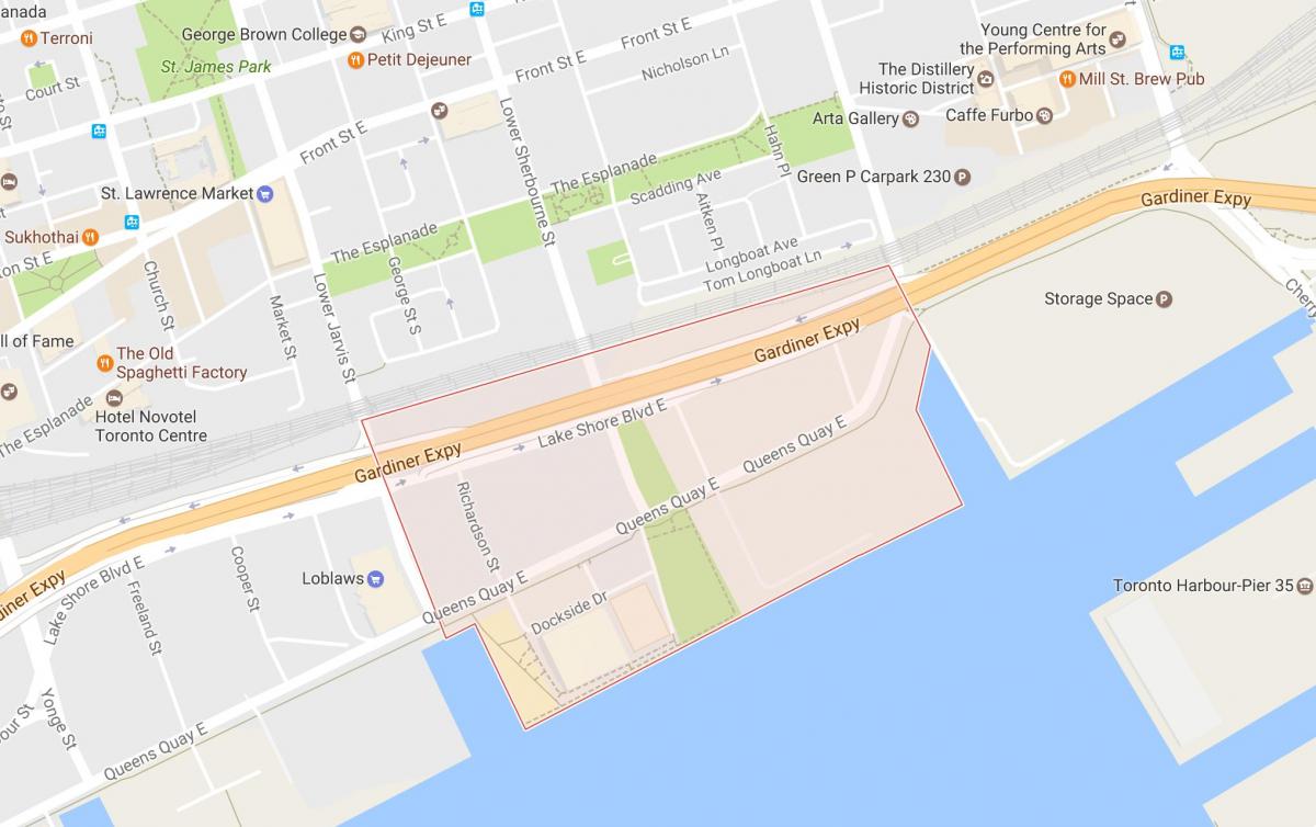 Karte von East Bayfront Nachbarschaft Toronto
