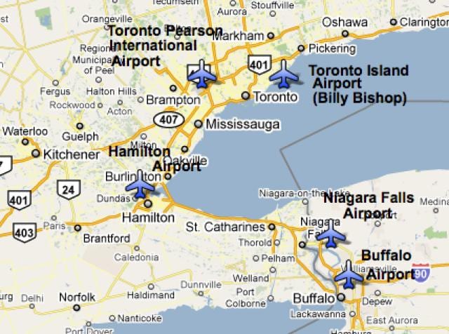 Karte der Flughäfen in der Nähe von Toronto