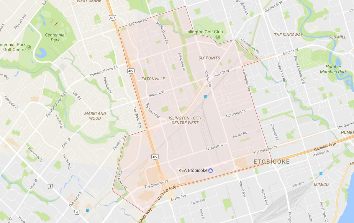 Karte von Islington-Innenstadt-West-Viertel von Toronto