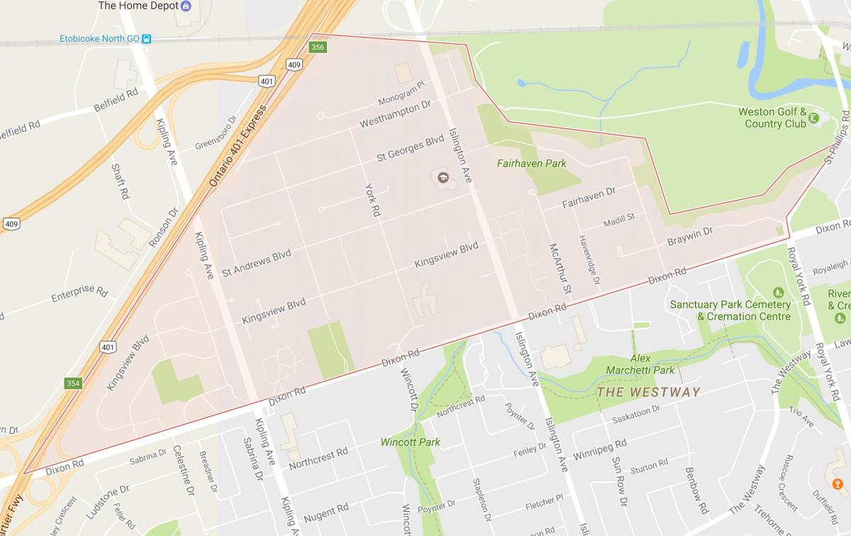 Karte von Kingsview Village Nachbarschaft von Toronto