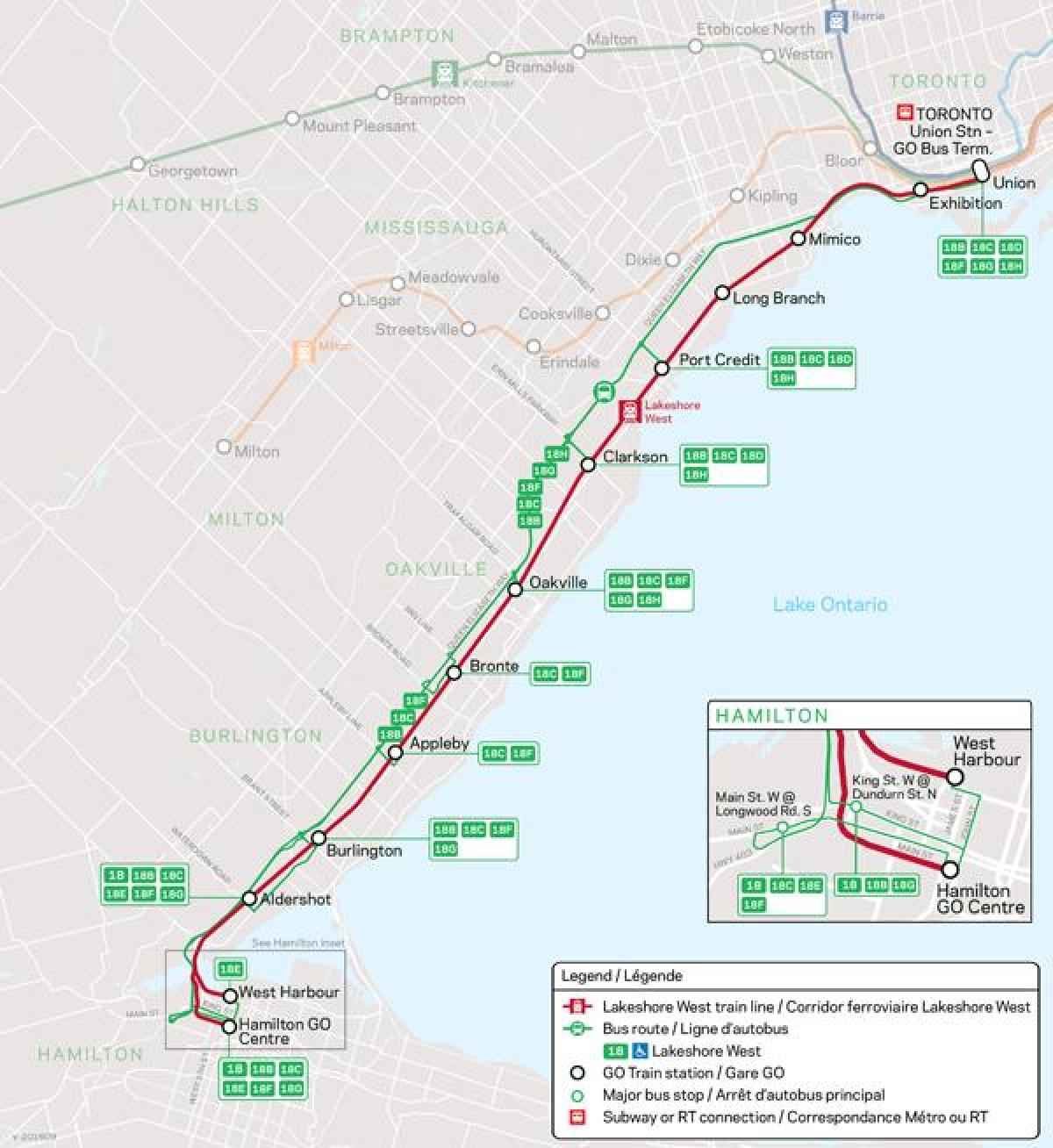 Karte der Linie Lakeshore West Go Transit