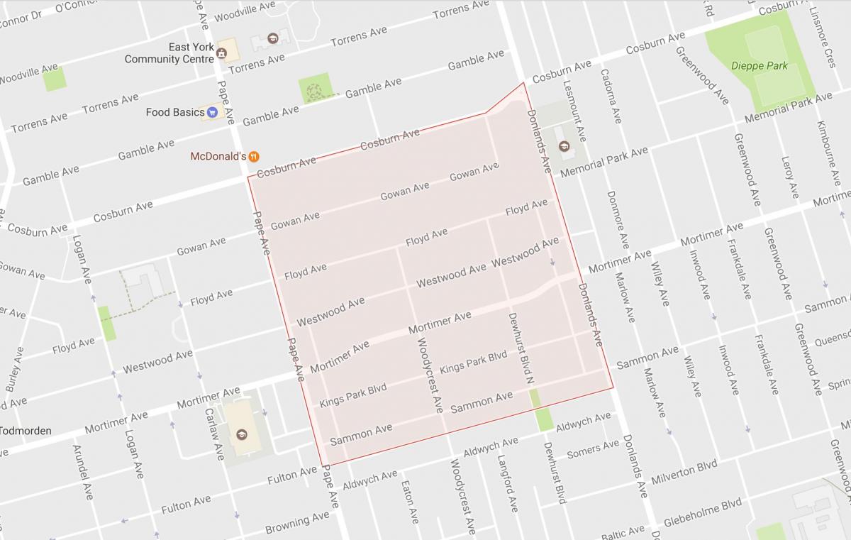 Karte von Pape Village Nachbarschaft von Toronto