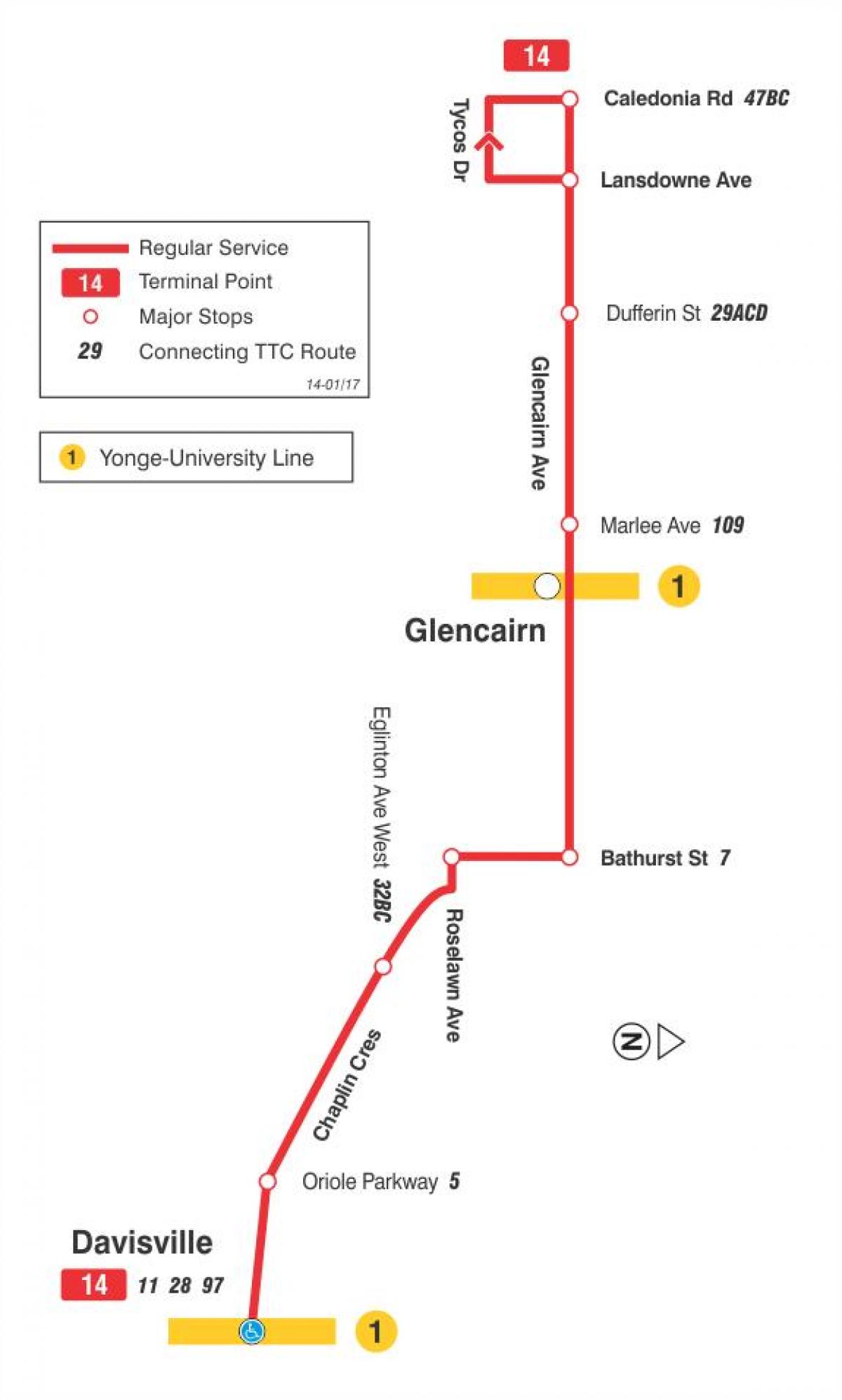 Karte von TTC-14 Glencairn bus route Toronto
