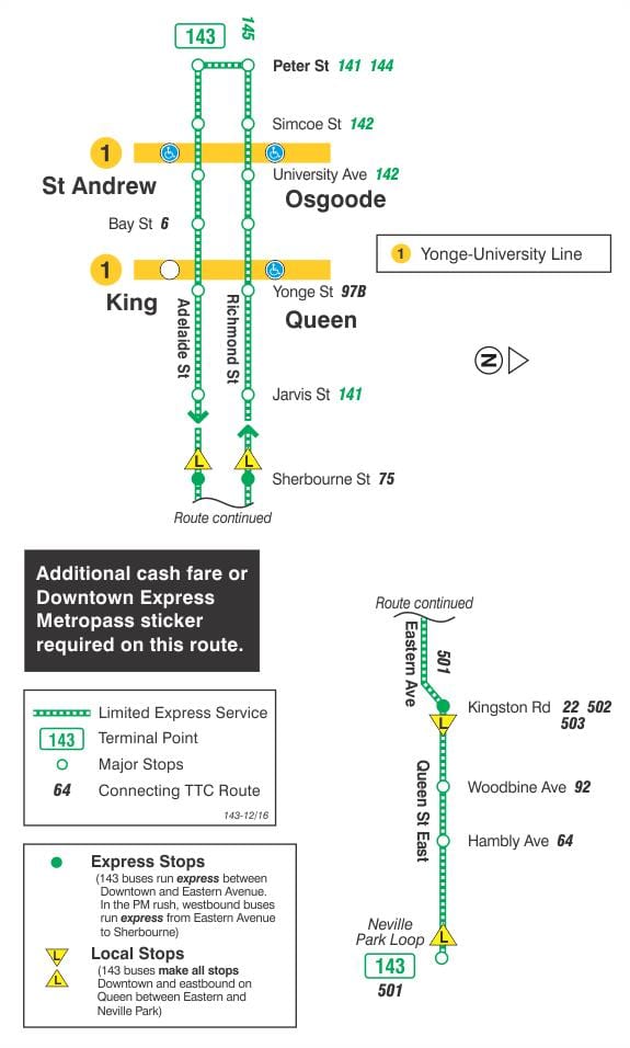 Karte des TTC 143 Downtown / Strand Express bus route Toronto