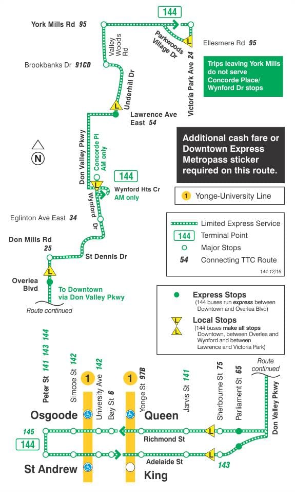 Karte des TTC 144 Innenstadt / Don Valley Express bus route Toronto
