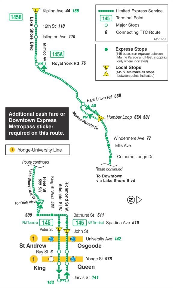 Karte des TTC 145 Downtown / Humber Bay Express bus route Toronto