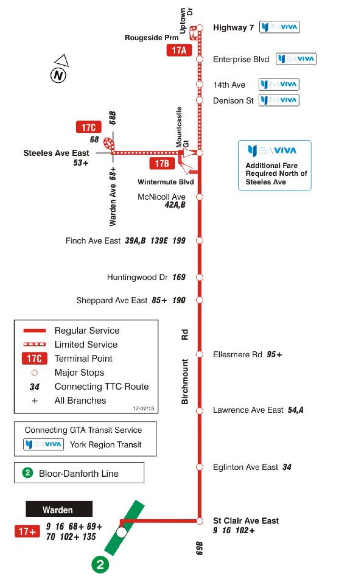 Karte der TTC 17 Birchmount bus route Toronto
