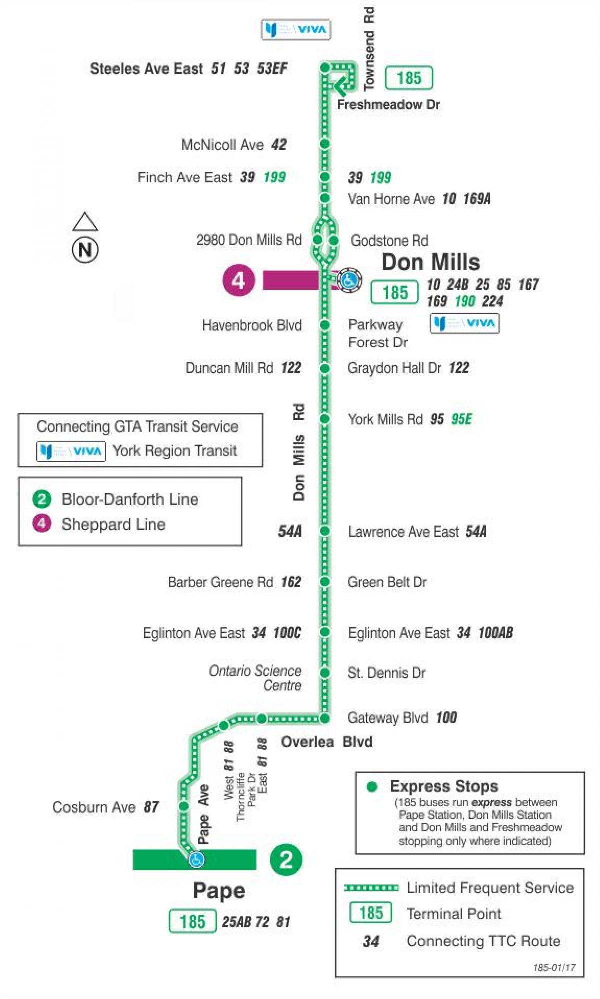 Karte des TTC 185 Don Mills Rakete bus route Toronto