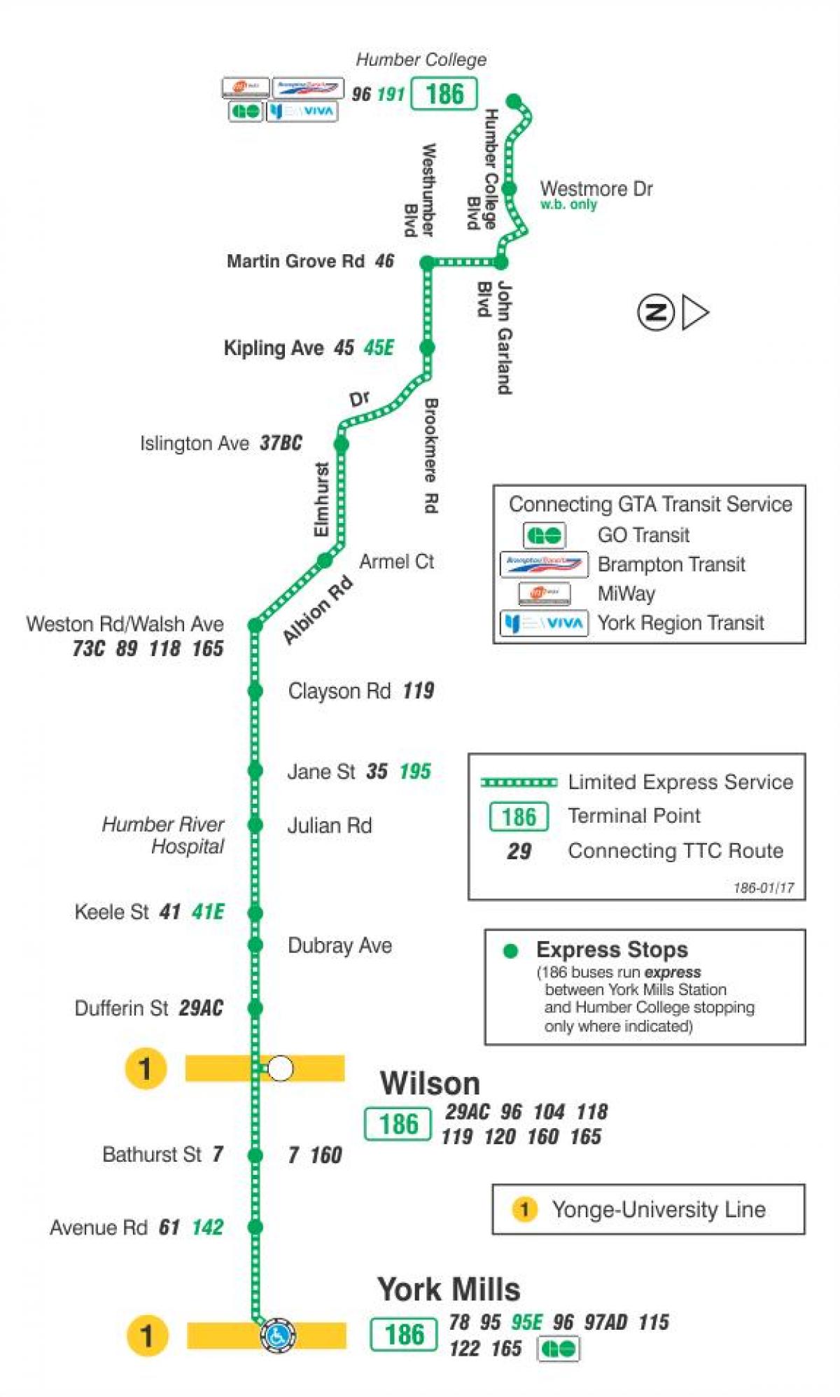 Karte des TTC 186 Wilson Rakete bus route Toronto