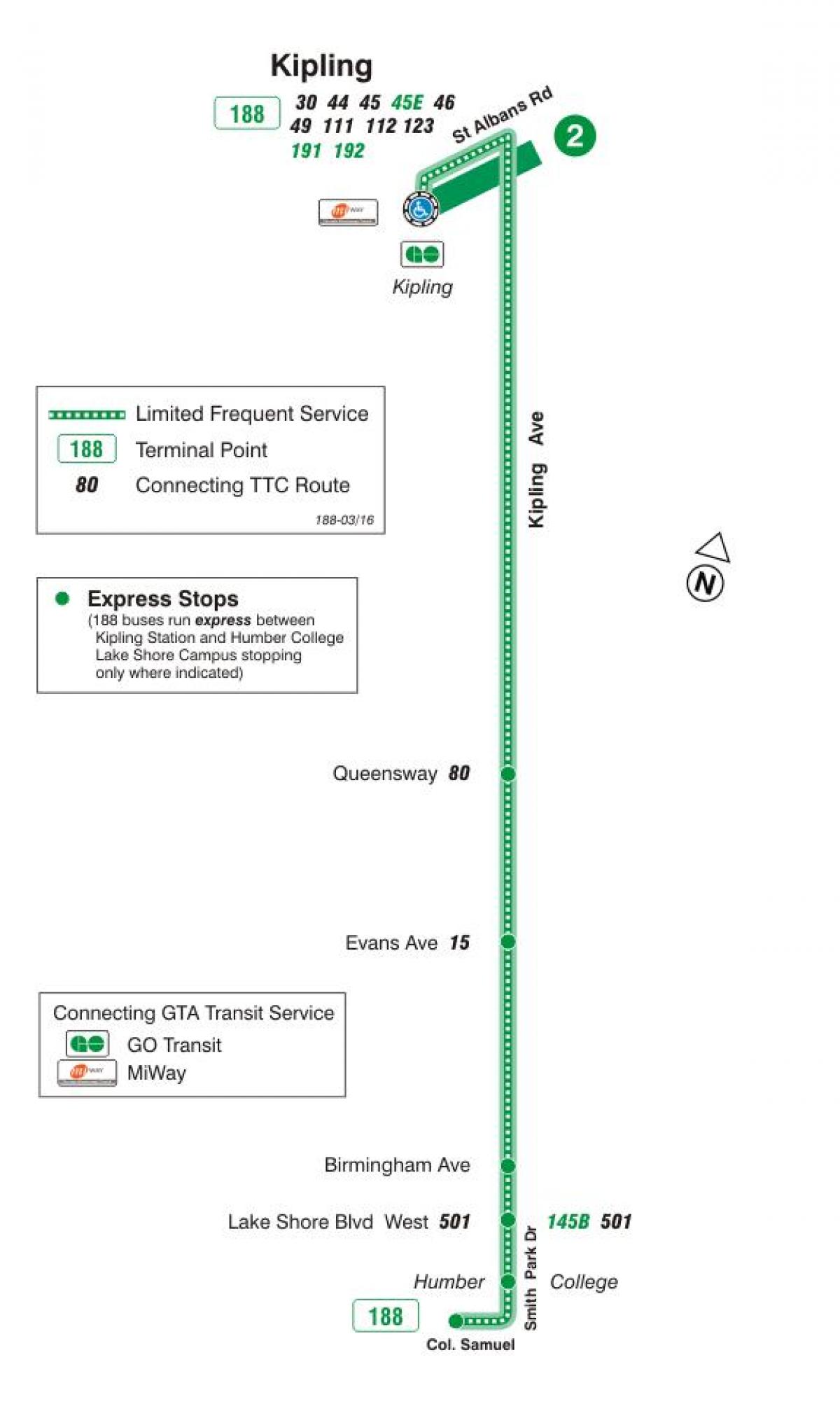 Karte des TTC 188 Kipling Süd-Rakete-bus-route Toronto