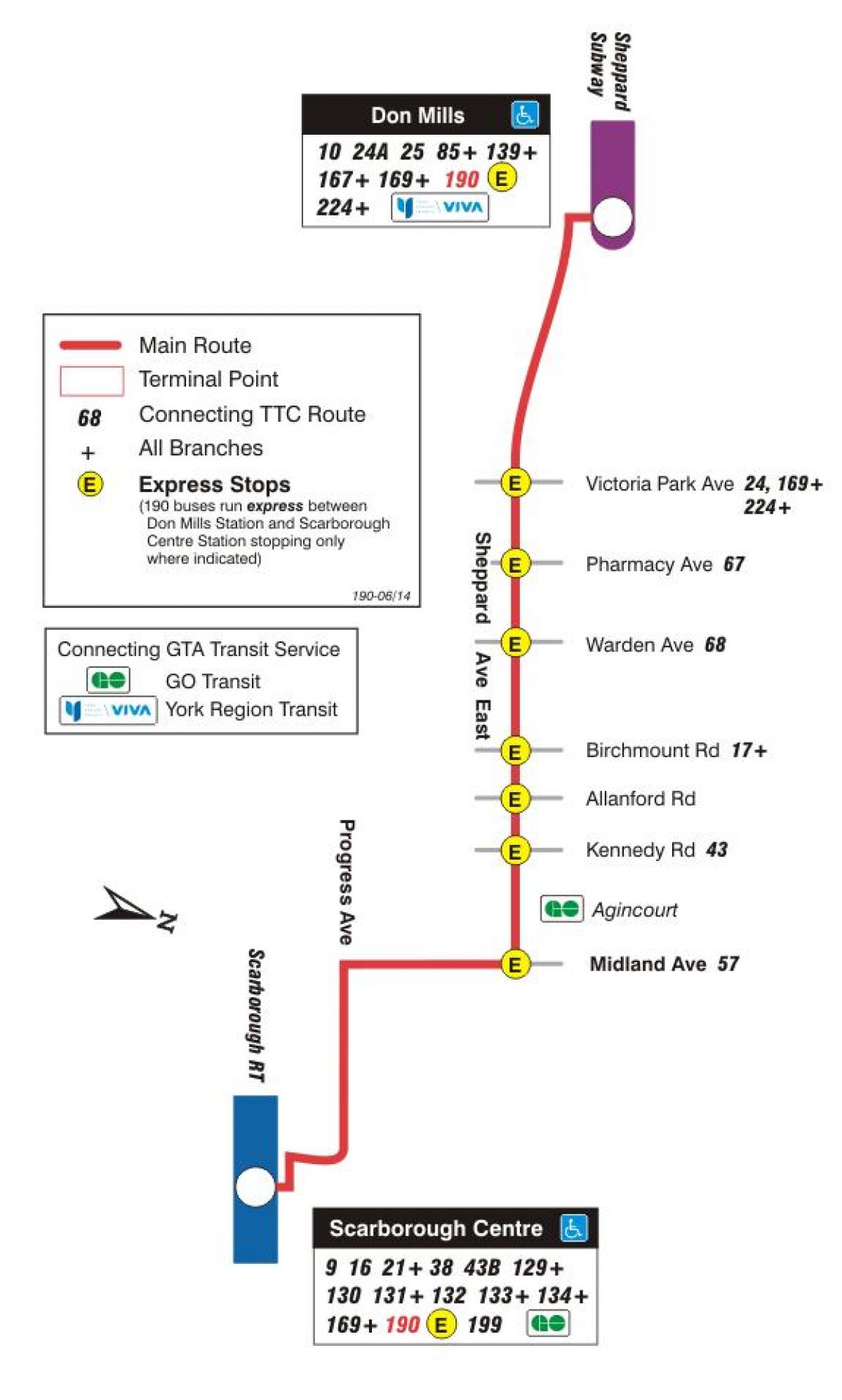 Karte des TTC 190 Scarborough Centre Rakete bus route Toronto