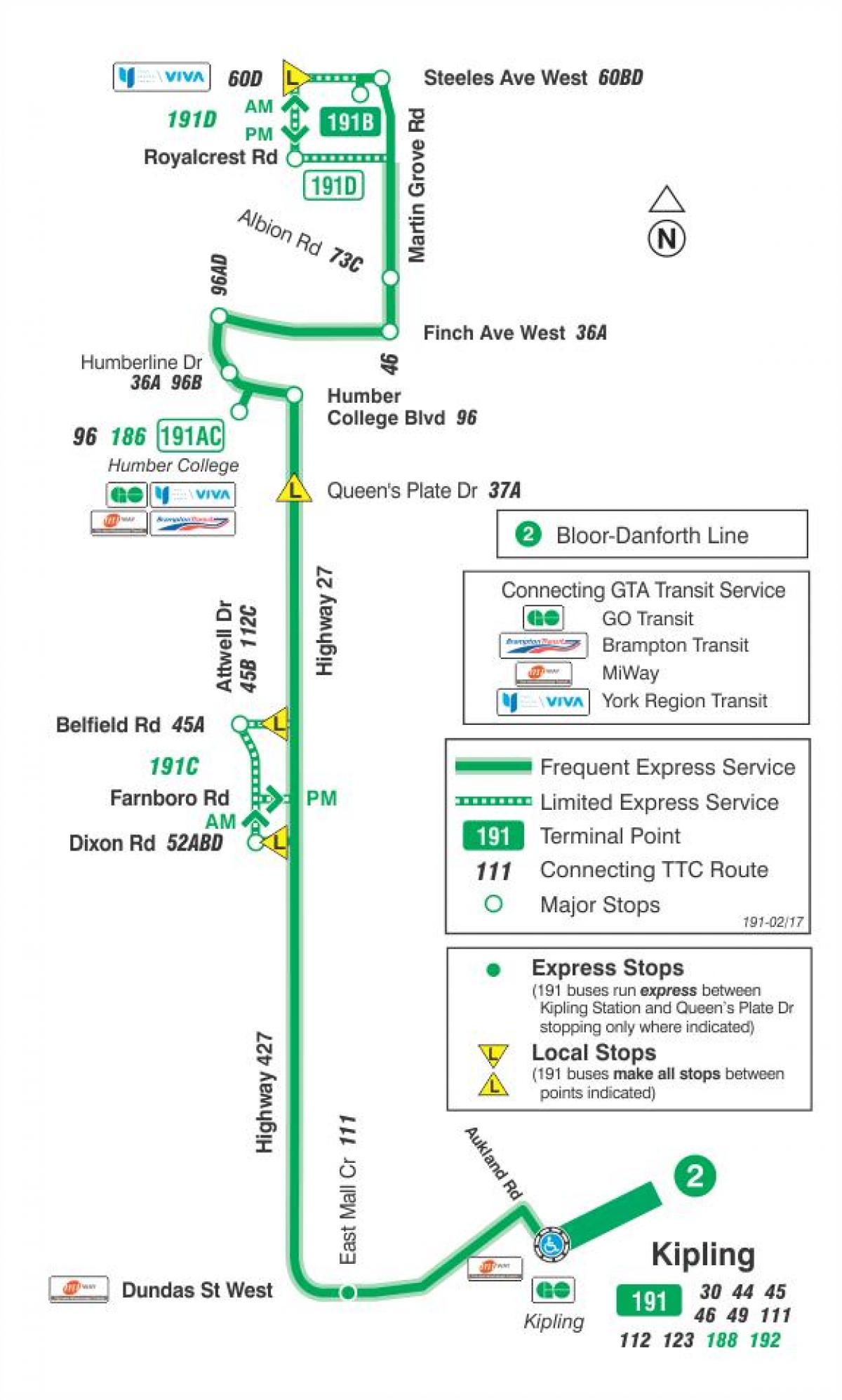 Karte des TTC 191 Highway 27 Rocket-bus-route Toronto