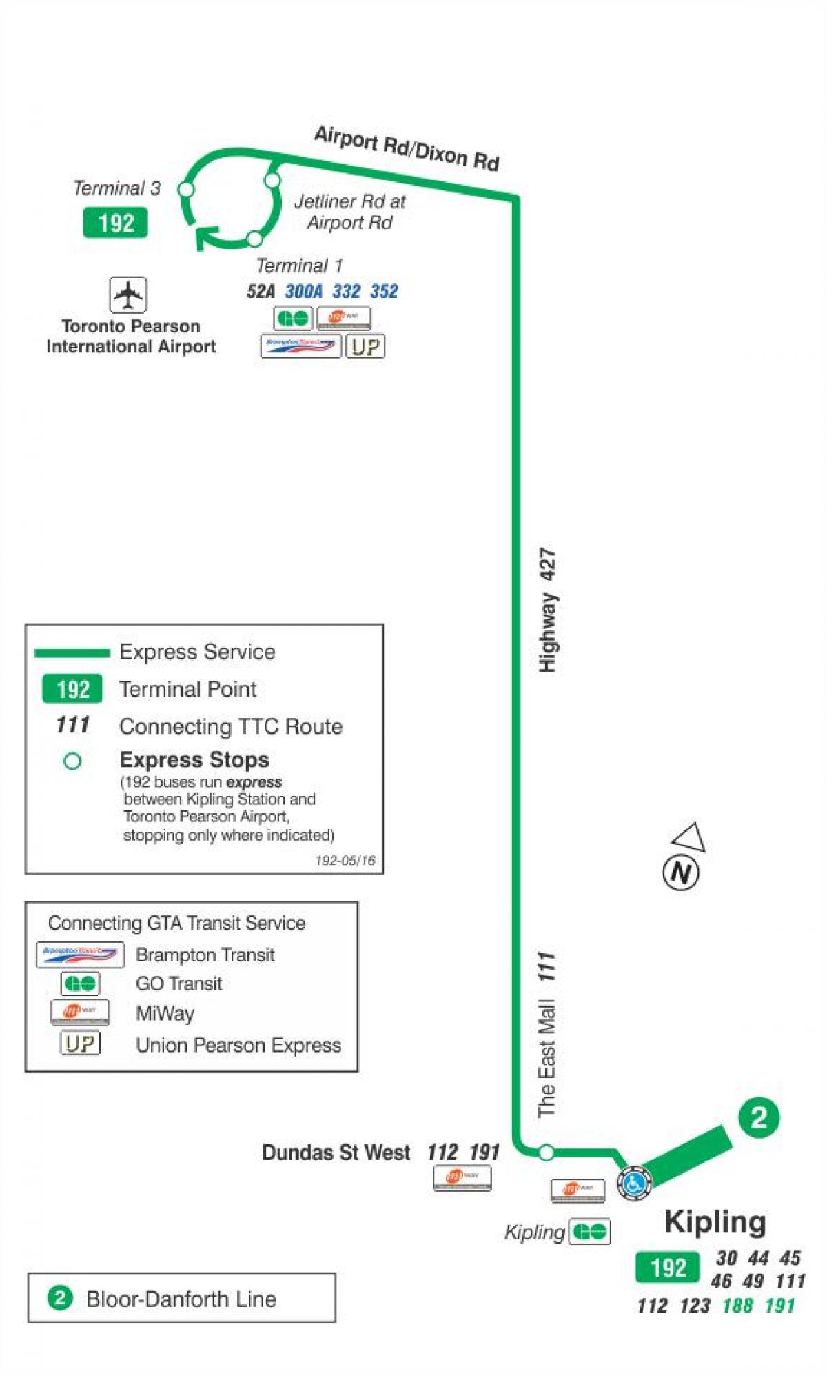 Karte des TTC 192 Airport Rocket bus route Toronto