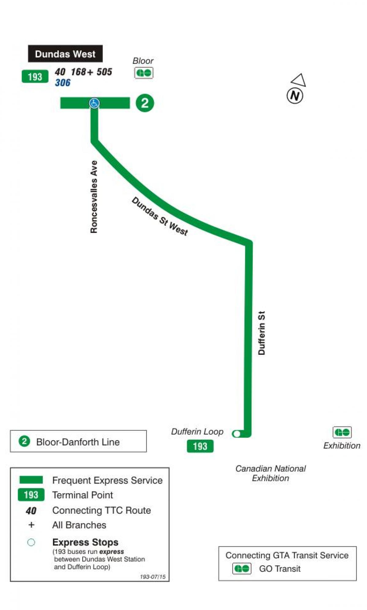 Karte des TTC 193 Ausstellung Rakete bus route Toronto