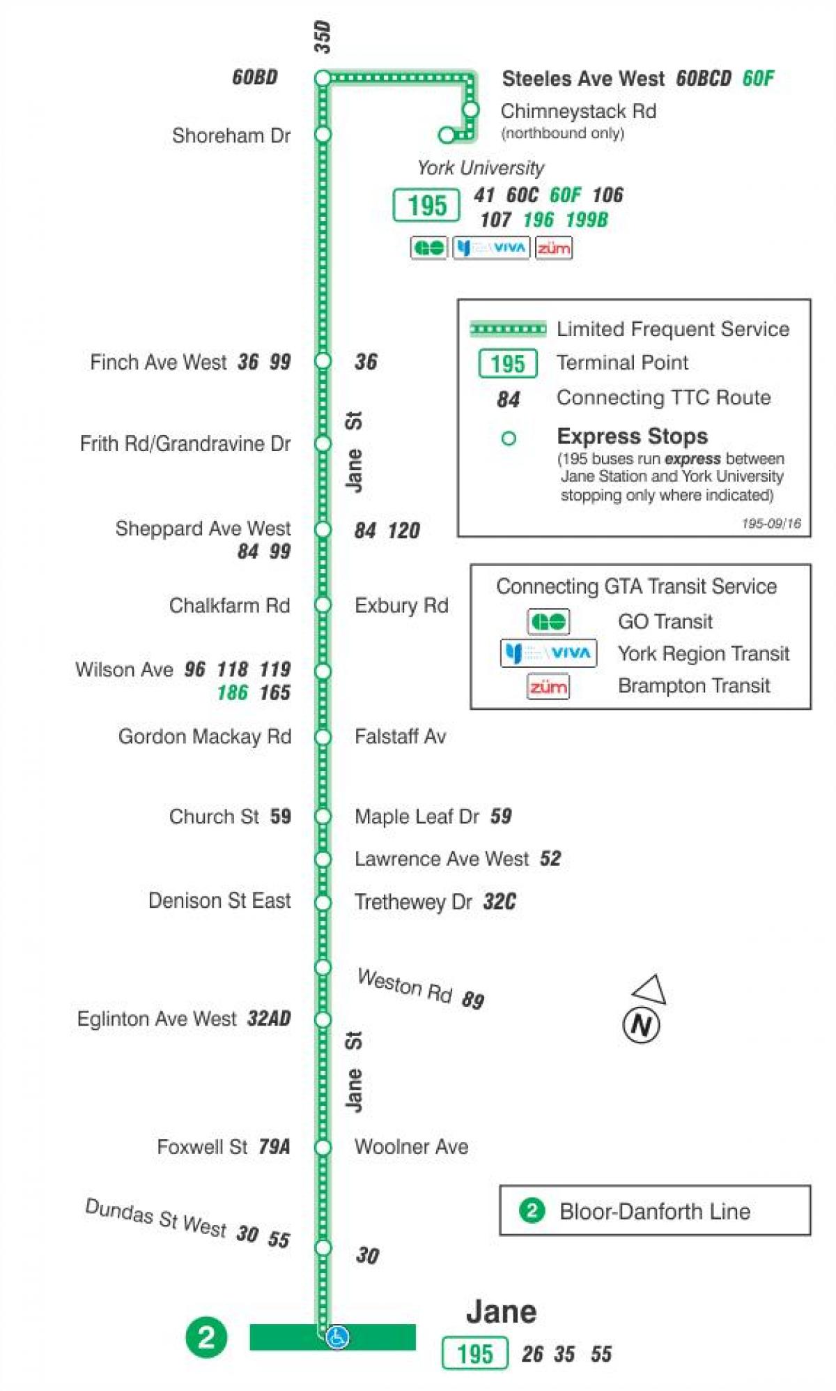 Karte des TTC 195 Jane Rocket bus route Toronto