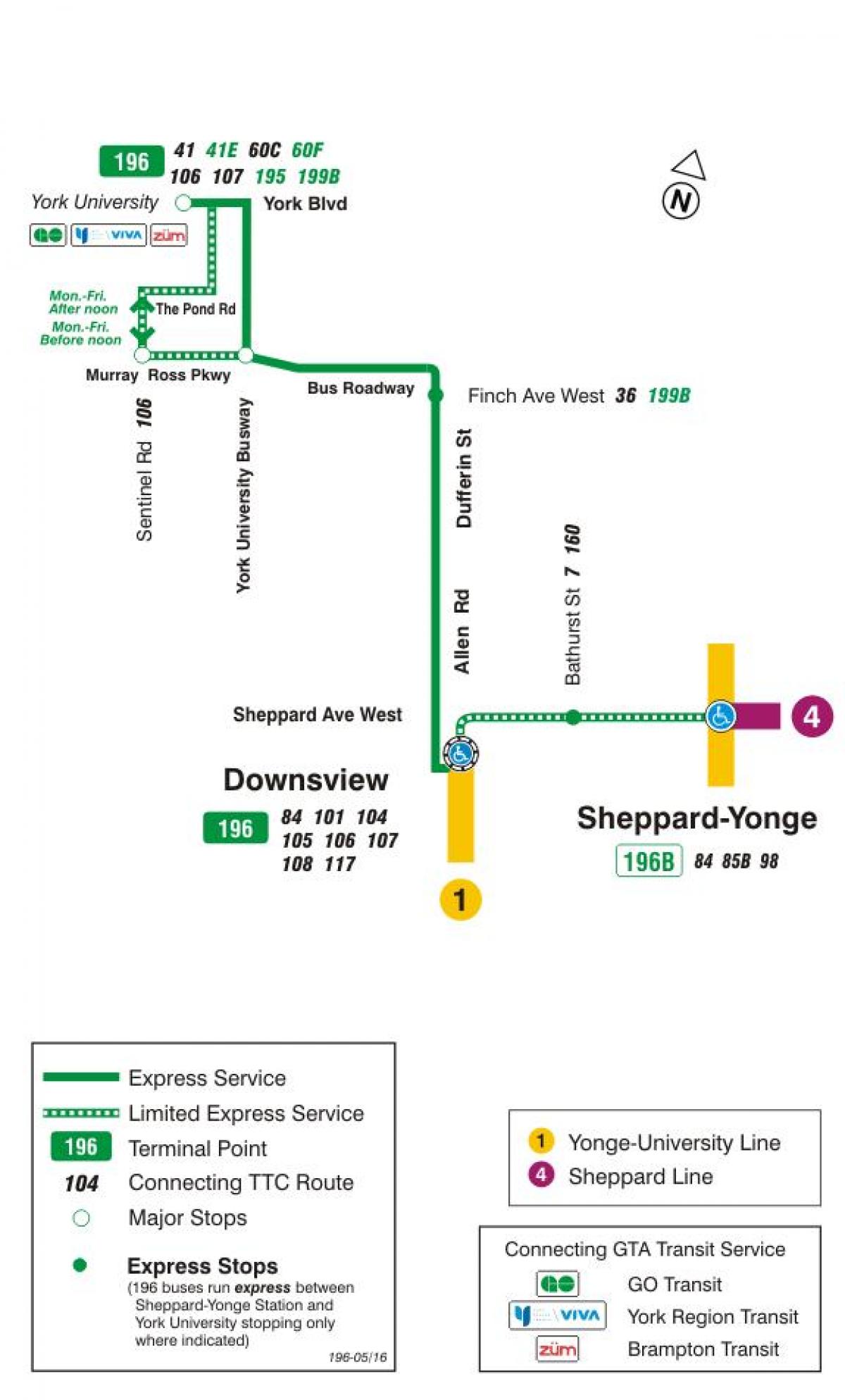 Karte des TTC 196 York University Rakete bus route Toronto