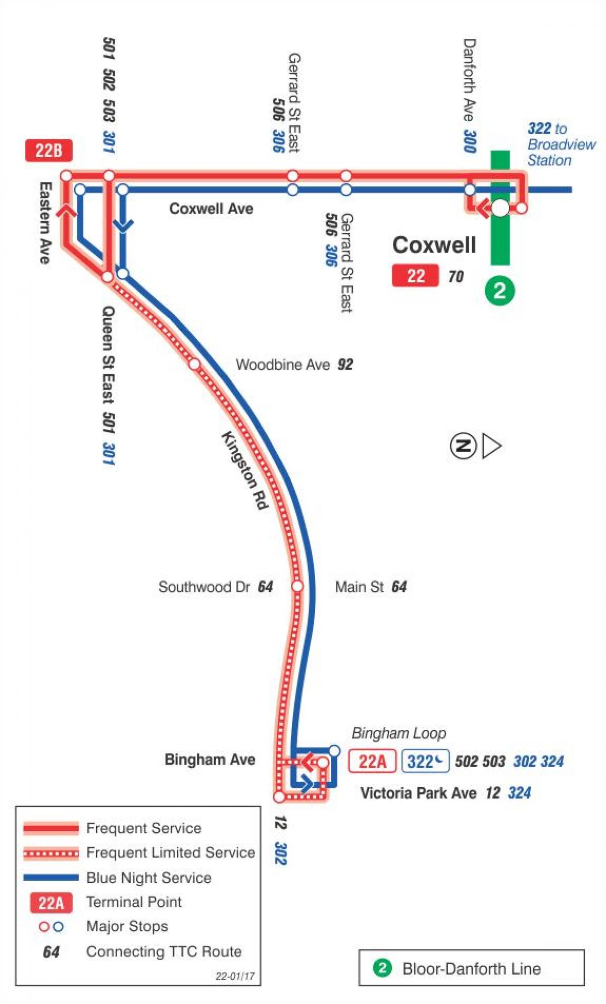 Karte von TTC-22 Coxwell bus route Toronto