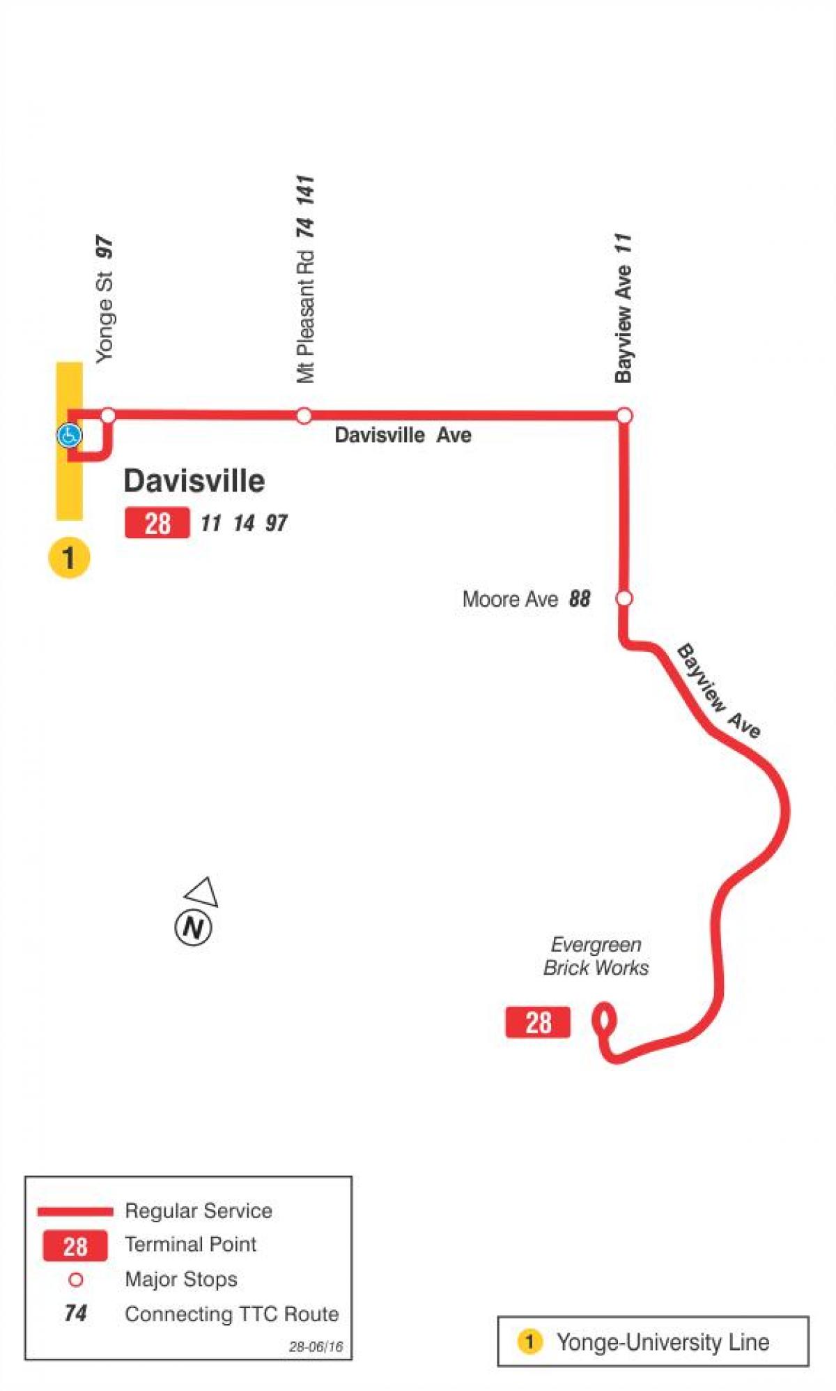 Karte von TTC-28 Bayview South bus route Toronto