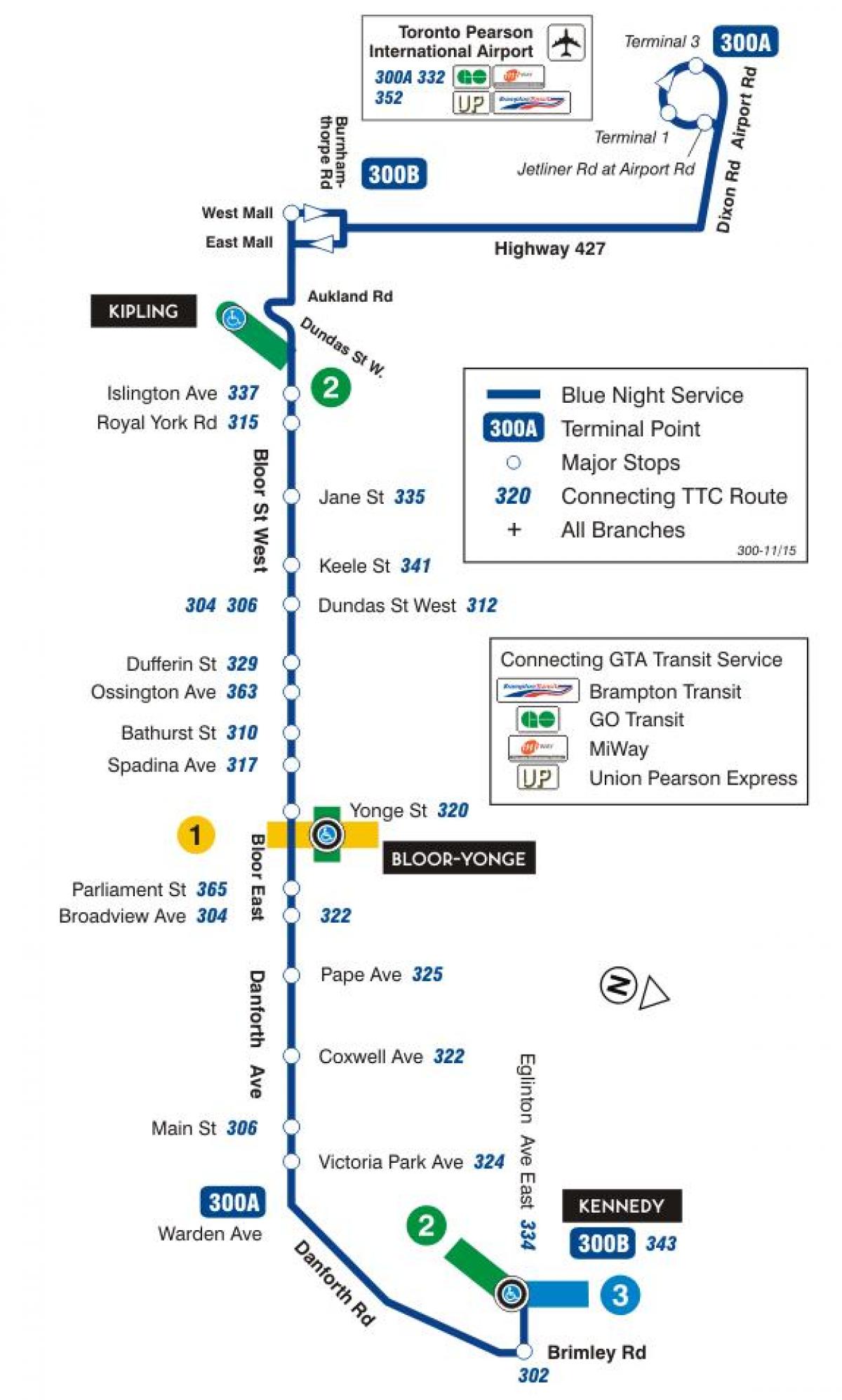 Karte des TTC 300A Bloor-Danforth-bus-route Toronto