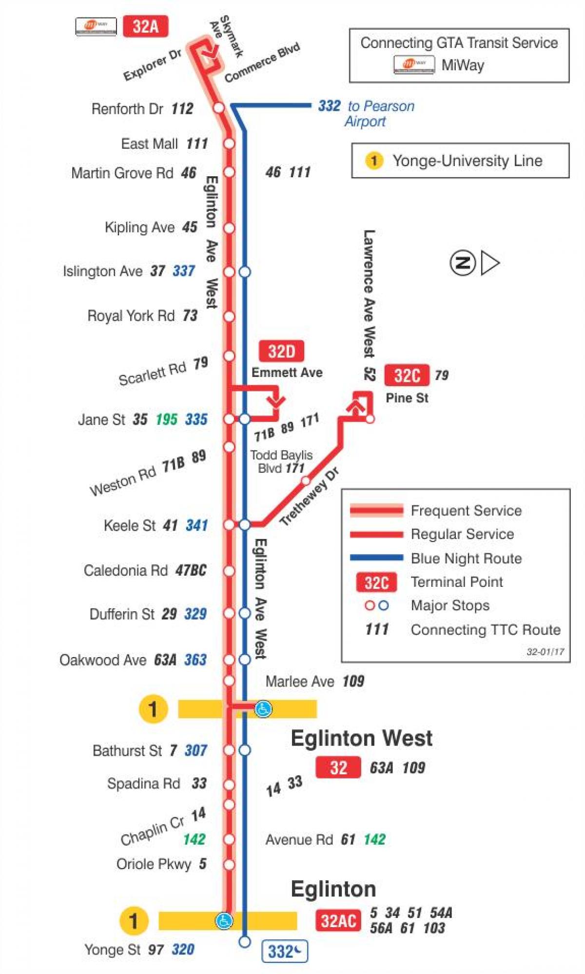Karte des TTC 32 Eglinton West-bus-route Toronto