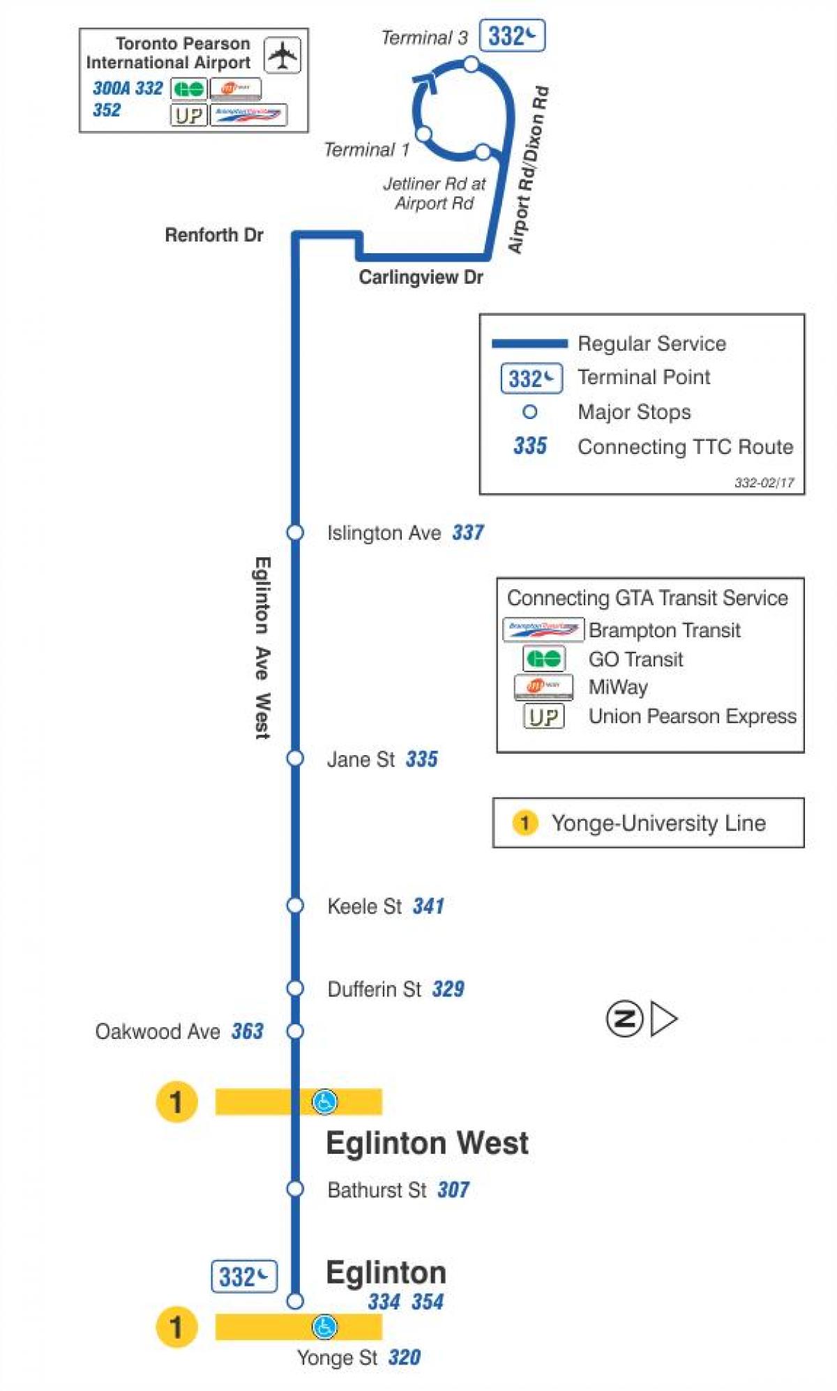 Karte des TTC 332 Eglinton West-bus-route Toronto