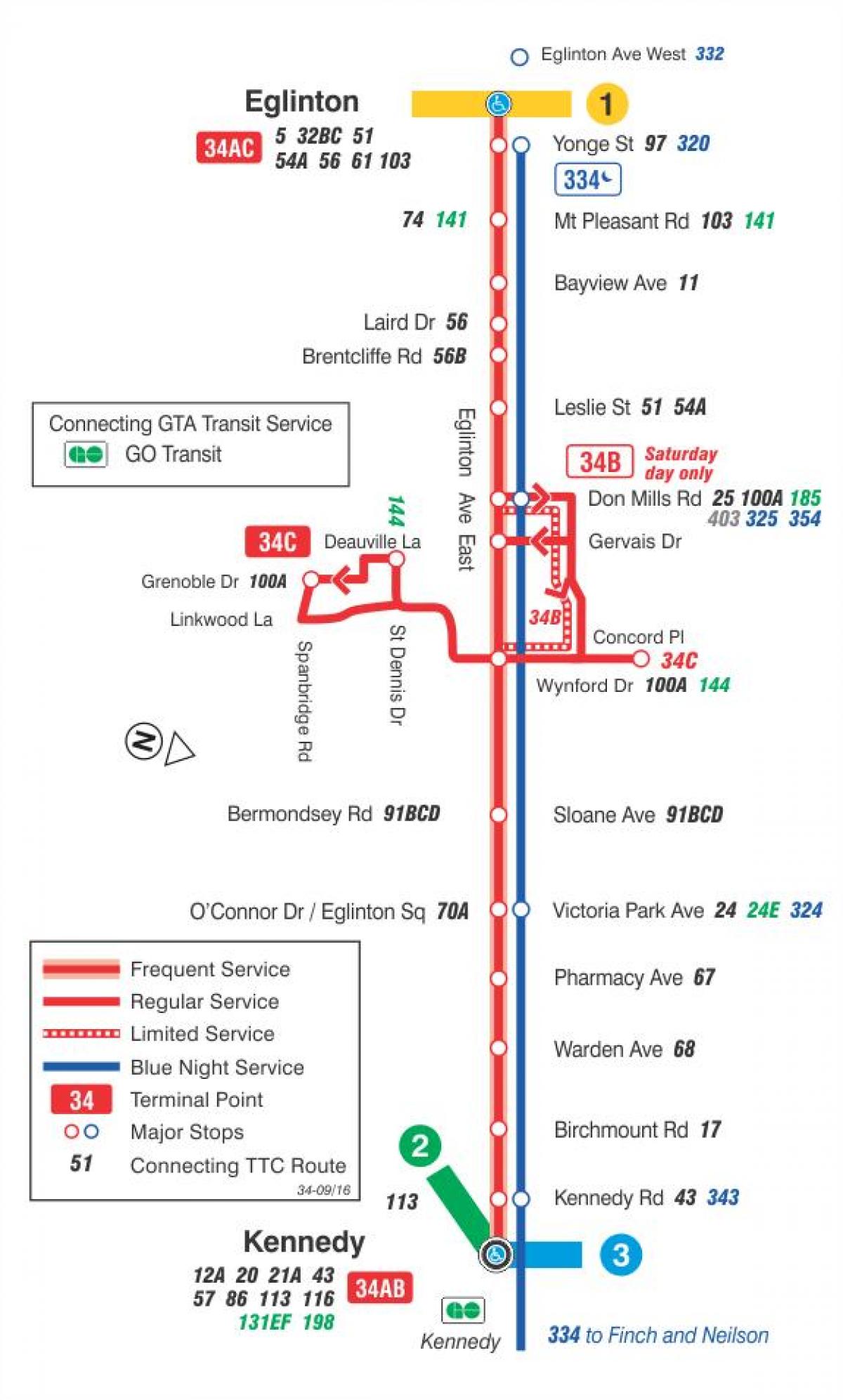 Karte des TTC 34 Eglinton East bus route Toronto
