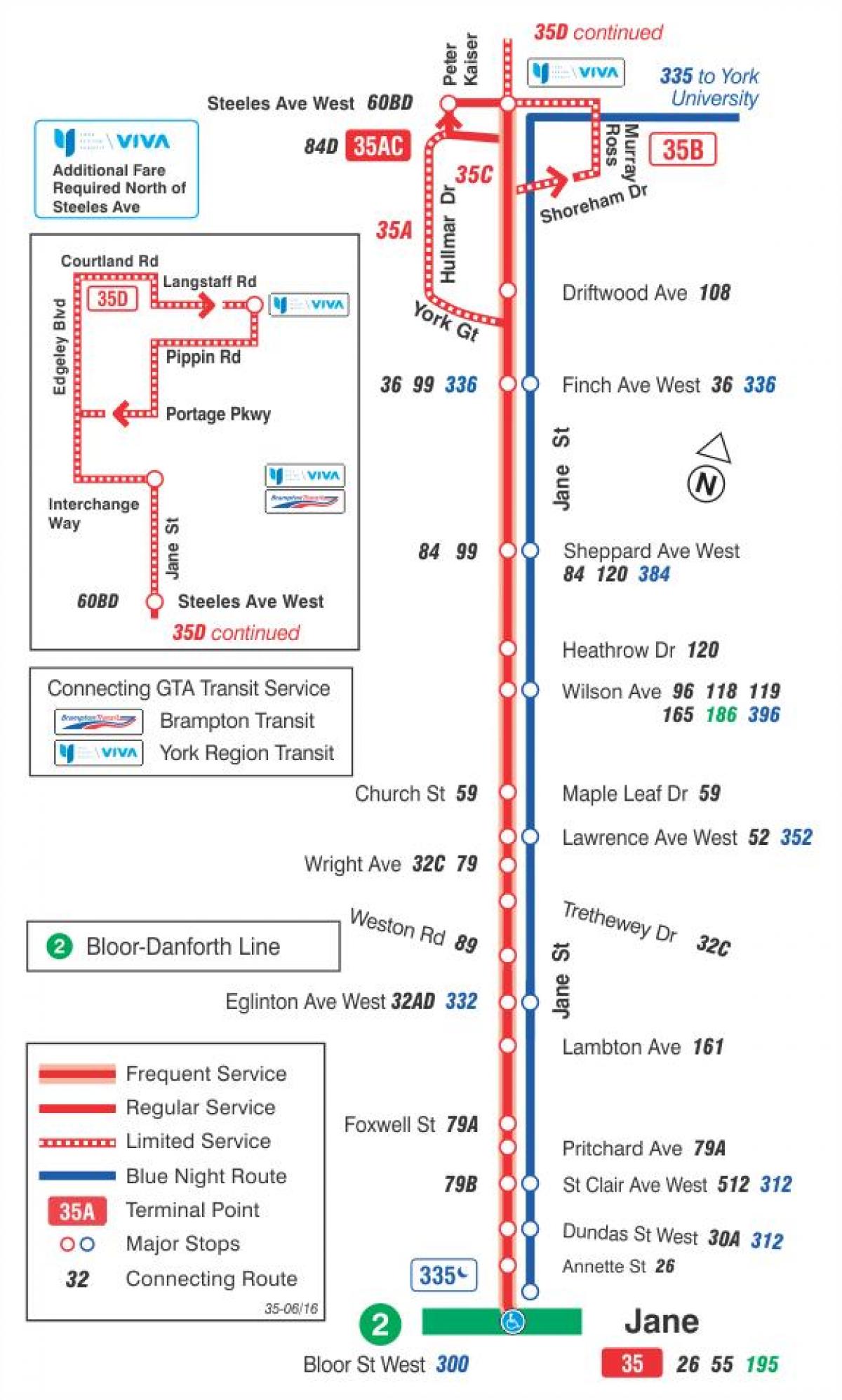 Karte des TTC 35 Jane bus route Toronto