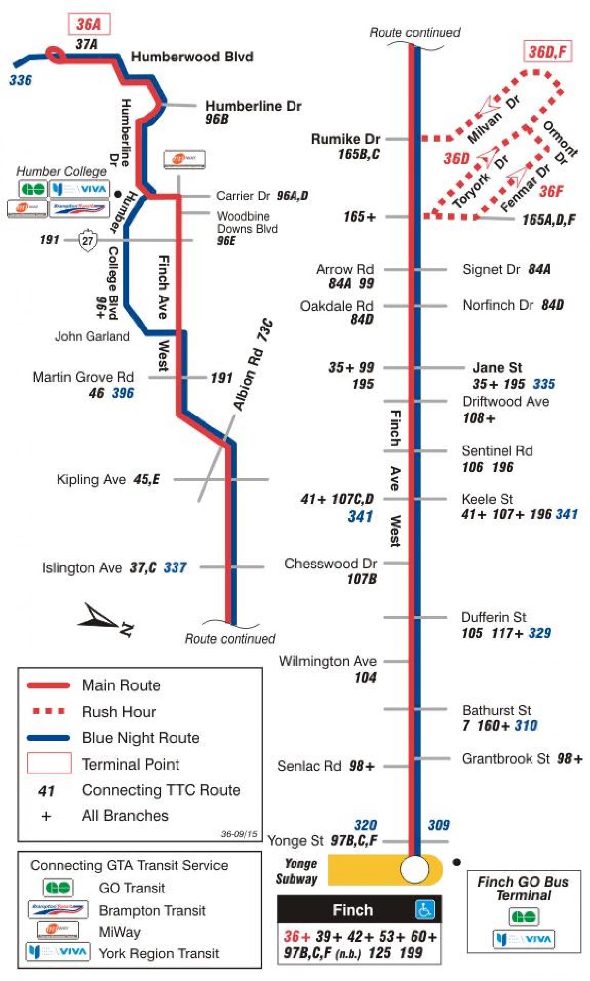 Karte des TTC-36 Finch West-bus-route Toronto