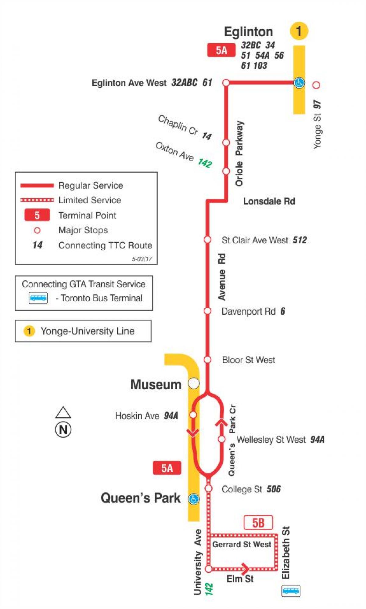 Karte des TTC 5 Avenue Rd bus route Toronto