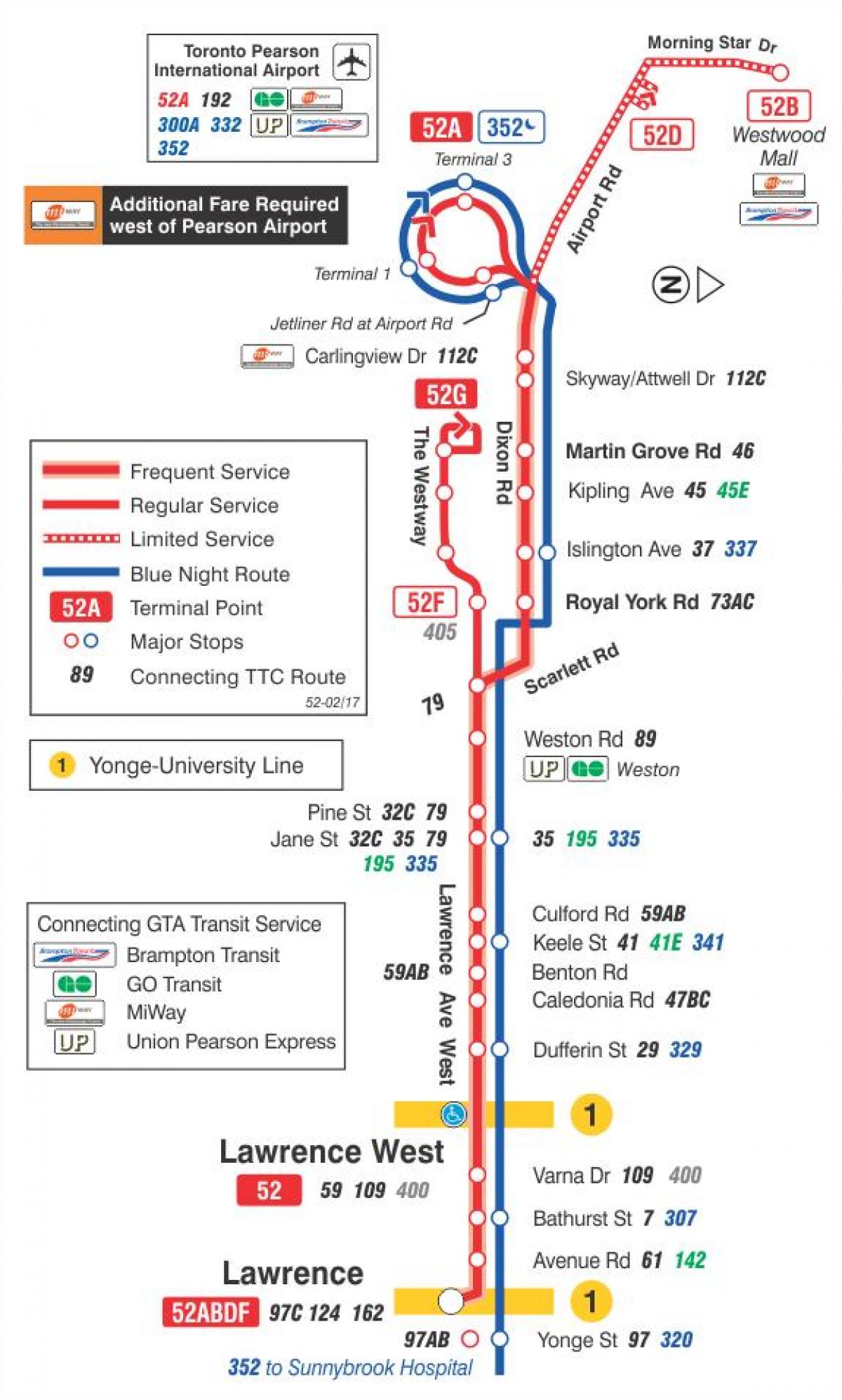 Karte des TTC 52 Lawrence West-bus-route Toronto