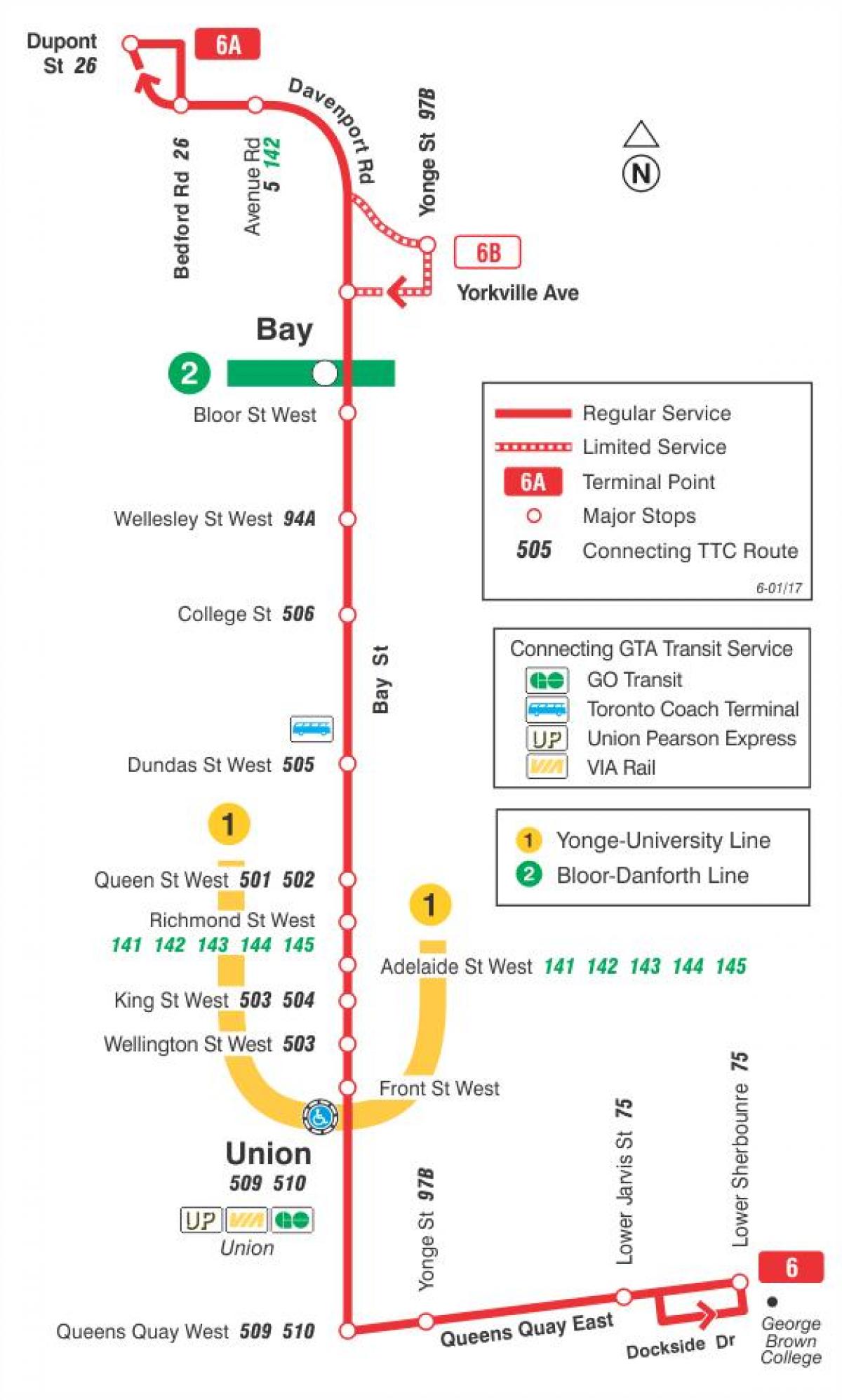 Karte der TTC 6 Bay bus route Toronto