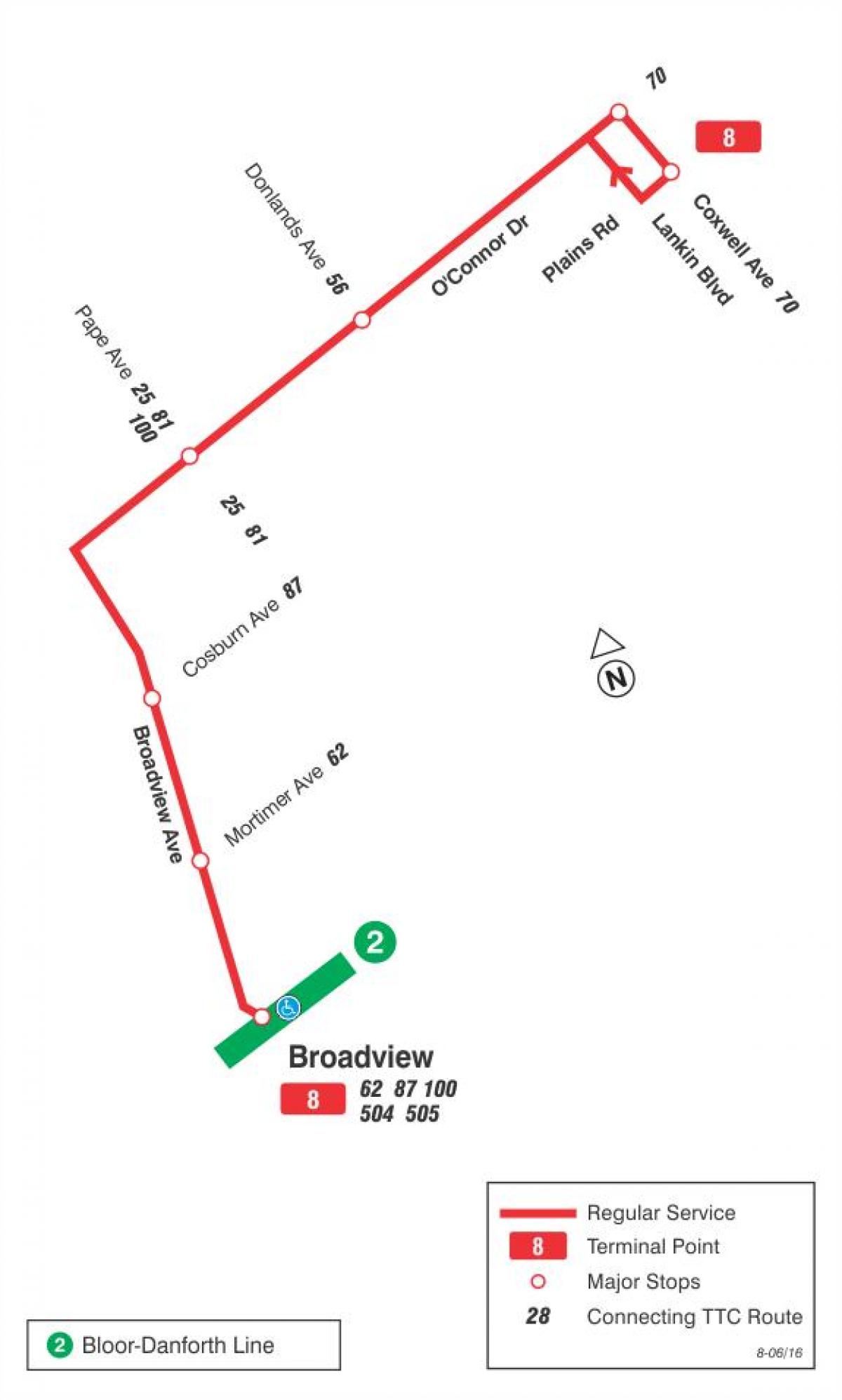 Karte der TTC 8 Broadview bus route Toronto