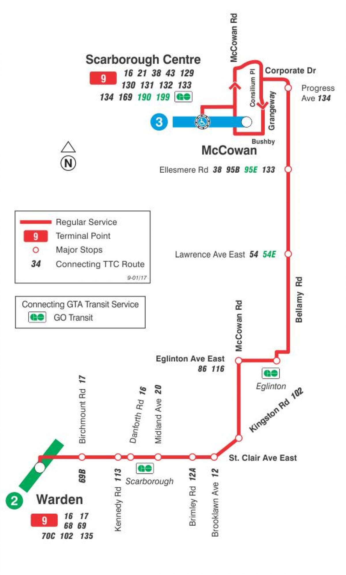Karte des TTC 9 Bellamy bus route Toronto