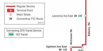 Karte des TTC 9 Bellamy bus route Toronto